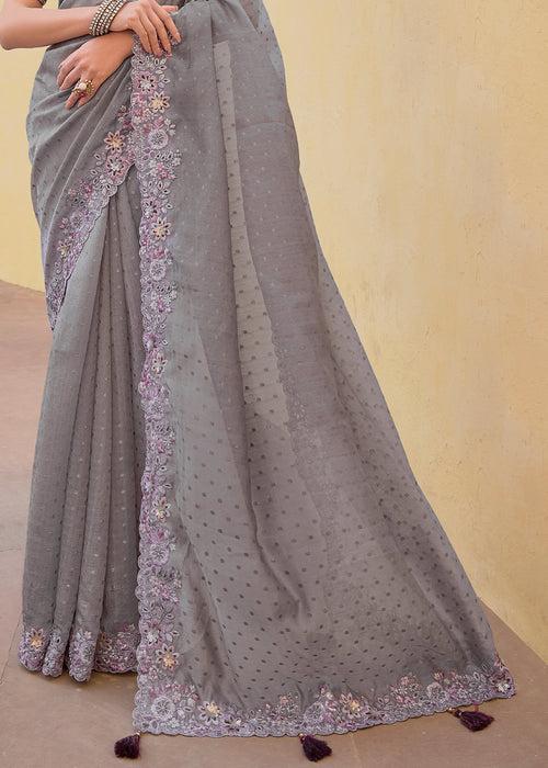 Hurricane Grey Tissue Organza Embroidered Silk Saree