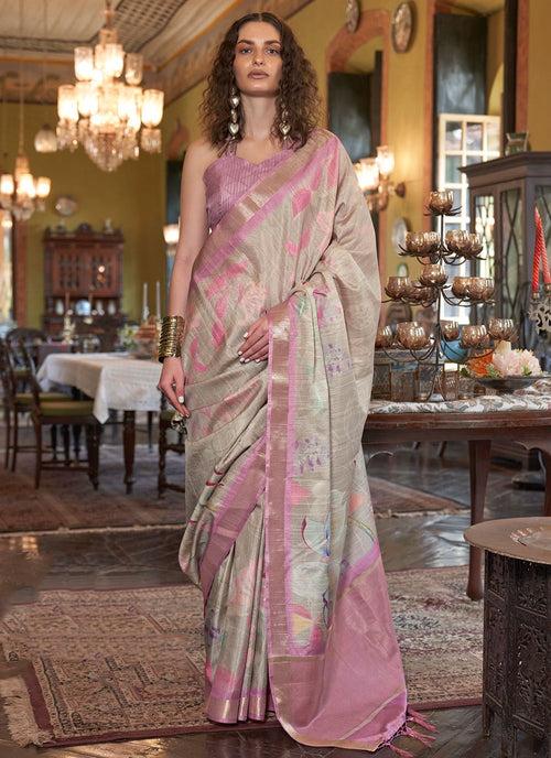 Pink Pearl Banarasi Floral Printed Saree