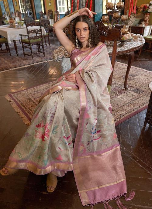 Pink Pearl Banarasi Floral Printed Saree