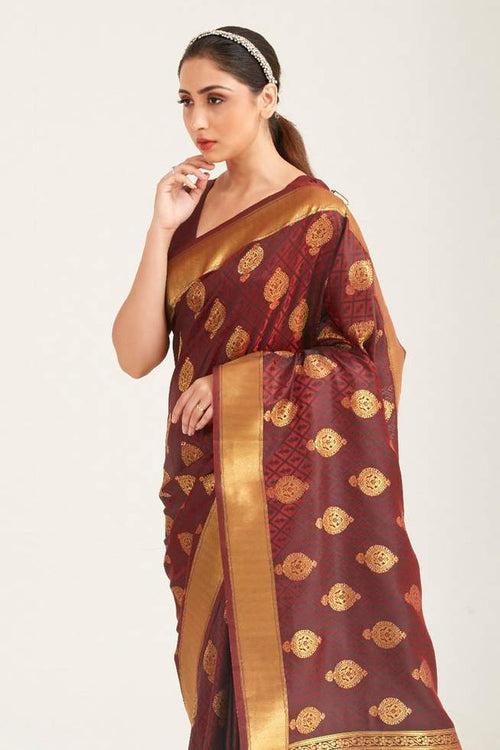 Copper Rust Brown Zari Woven Banarasi Saree