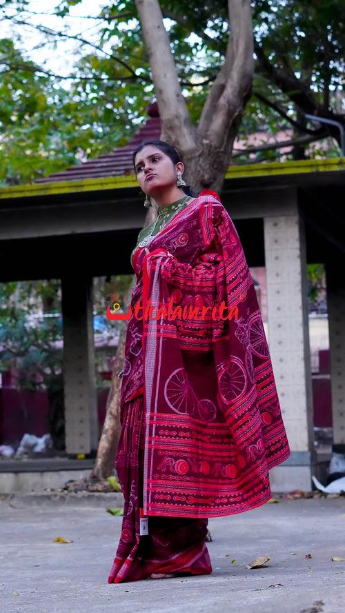 Maroon Cycles Sambalpuri Cotton Saree