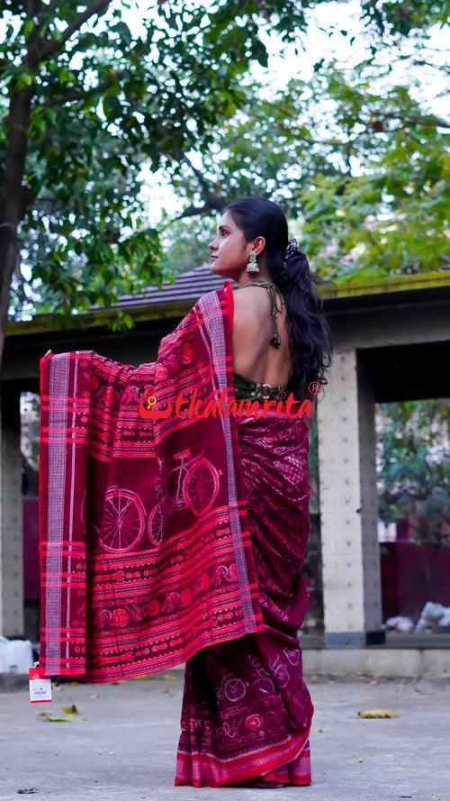 Maroon Cycles Sambalpuri Cotton Saree