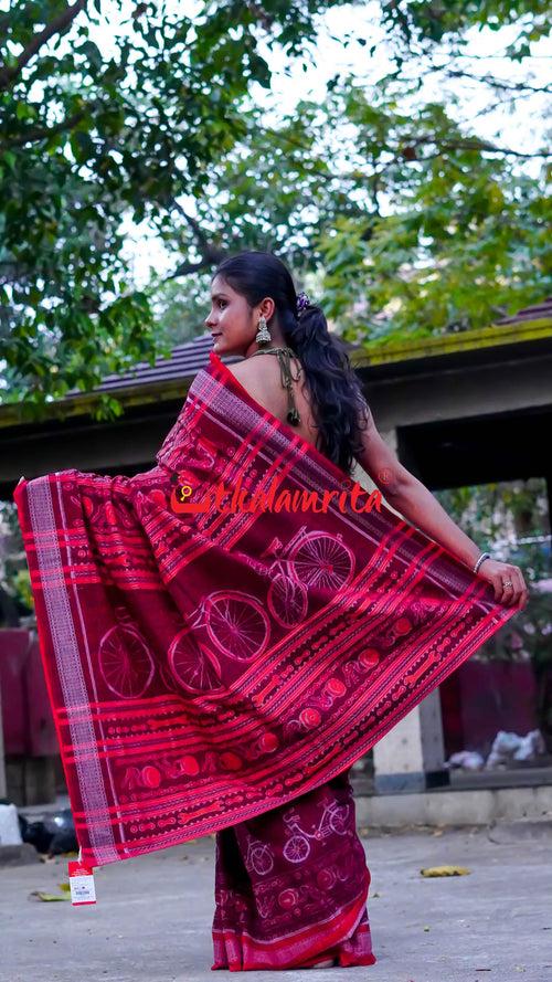 Maroon Cycles Sambalpuri Cotton Saree