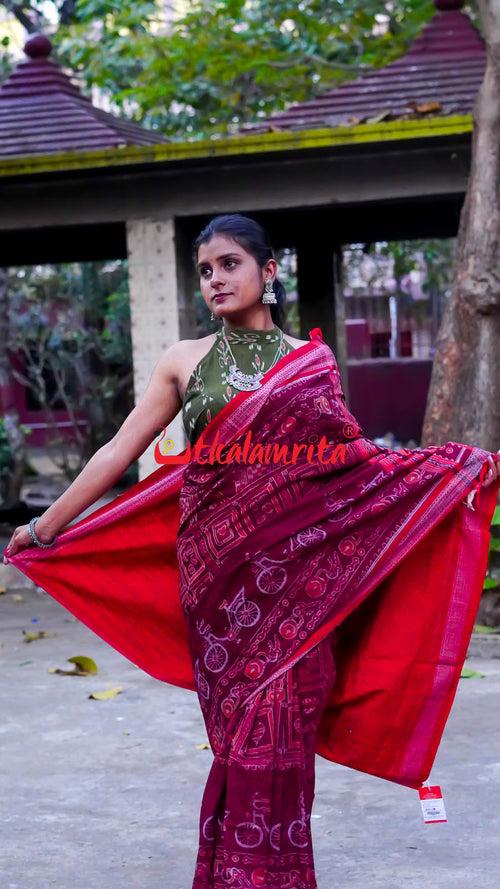 Maroon Cycles Sambalpuri Cotton Saree