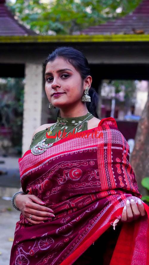 Maroon Cycles Sambalpuri Cotton Saree