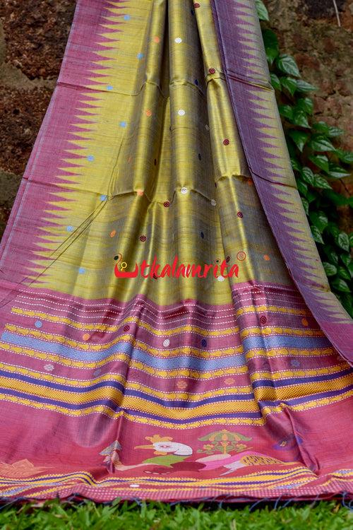 Golden Green Maroon Nabagunjara Tussar Saree