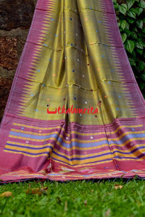 Golden Green Maroon Nabagunjara Tussar Saree