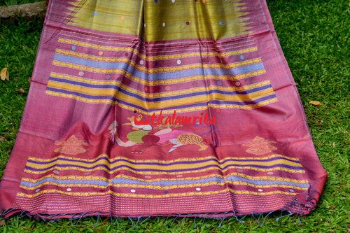 Golden Green Maroon Nabagunjara Tussar Saree