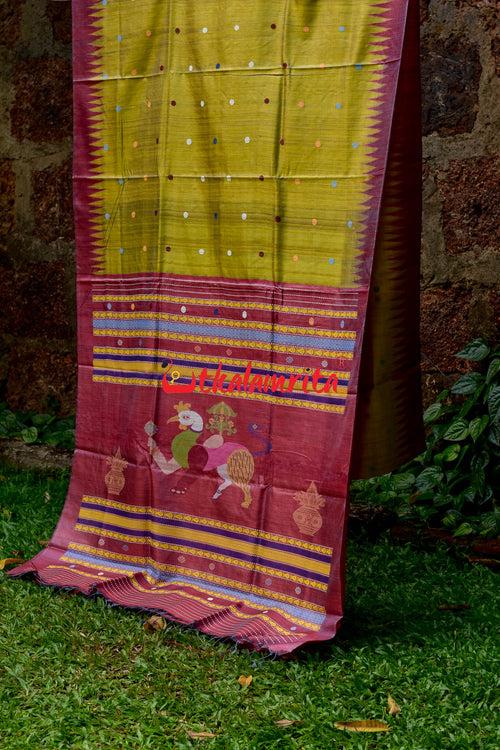 Golden Green Maroon Nabagunjara Tussar Saree