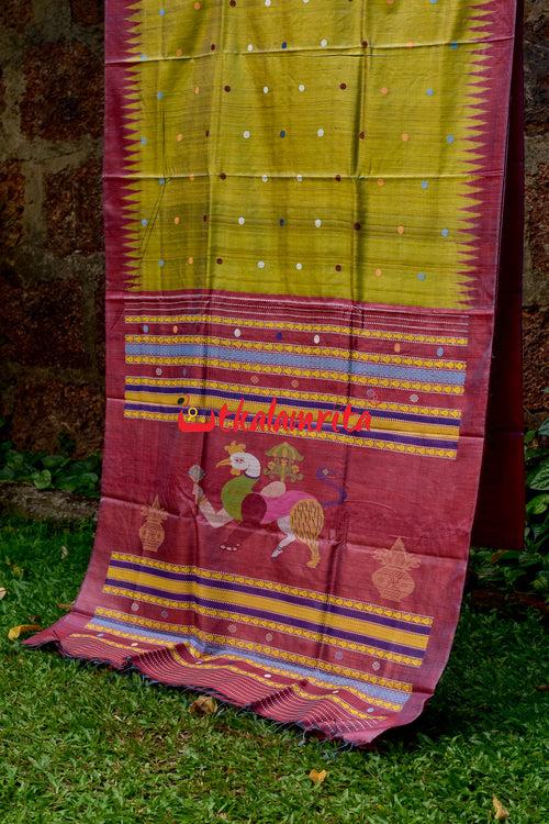 Golden Green Maroon Nabagunjara Tussar Saree