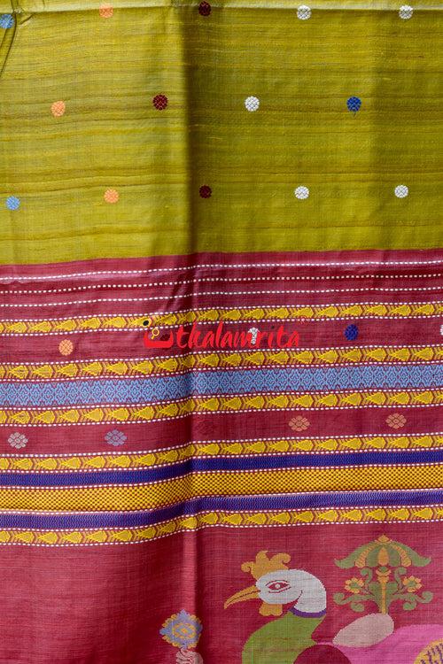 Golden Green Maroon Nabagunjara Tussar Saree