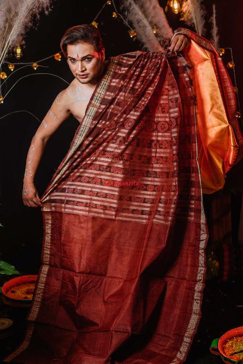 Golden Maroon Sambalpuri Silk Saree