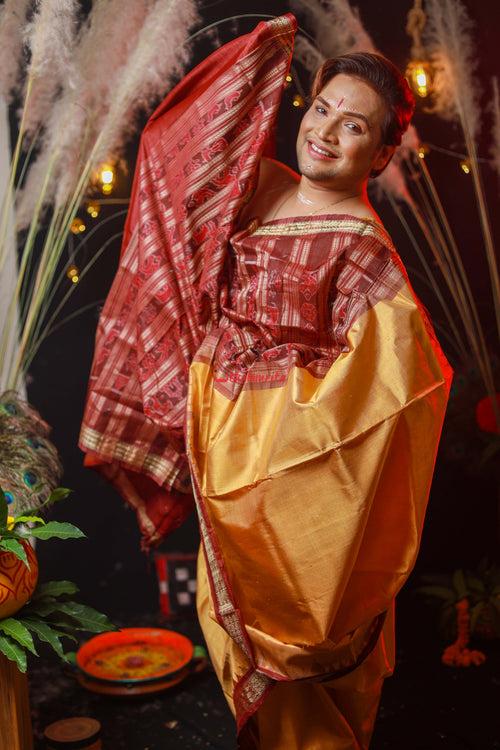 Golden Maroon Sambalpuri Silk Saree