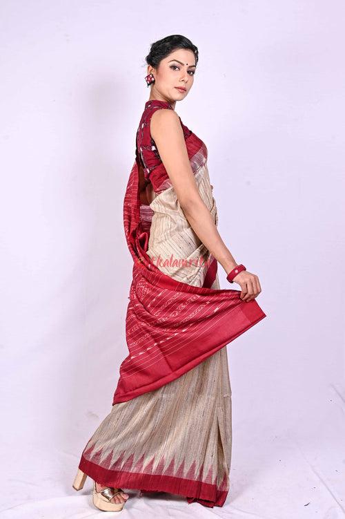 Gopalpur Tussar Beige Maroon Saree