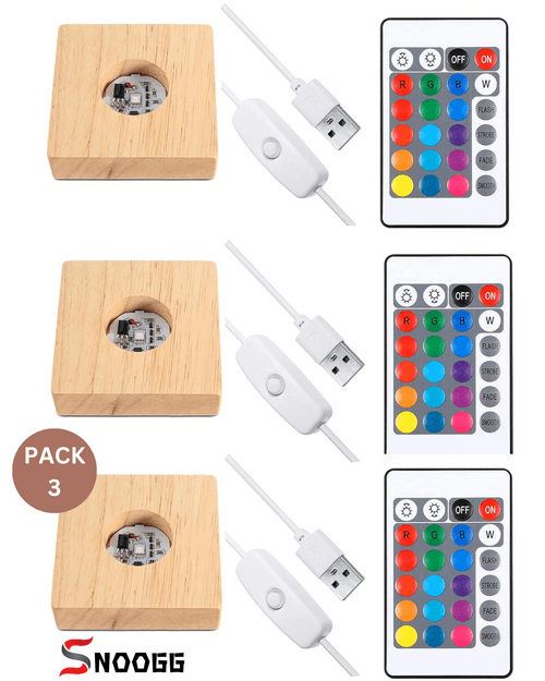 SNOOGG Wood RGB 16 colour Led Light SQUARE PINE WOOD Display Base Stand with ON OFF USB Cable Switch and 24 Key Remote control for 3D crystal glasses, resin art, trophy , award etc