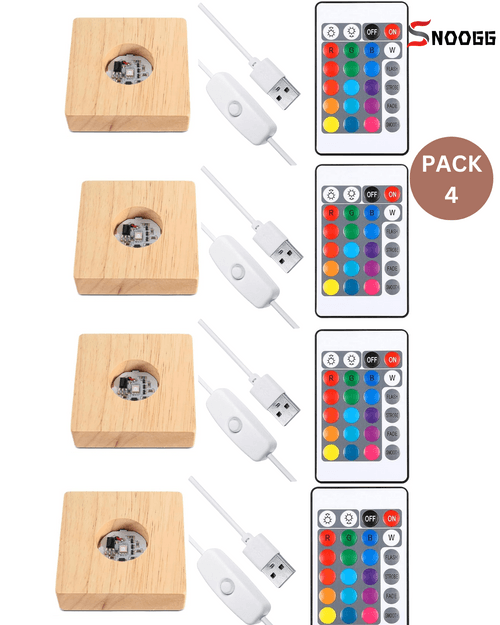 SNOOGG Wood RGB 16 colour Led Light SQUARE PINE WOOD Display Base Stand with ON OFF USB Cable Switch and 24 Key Remote control for 3D crystal glasses, resin art, trophy , award etc