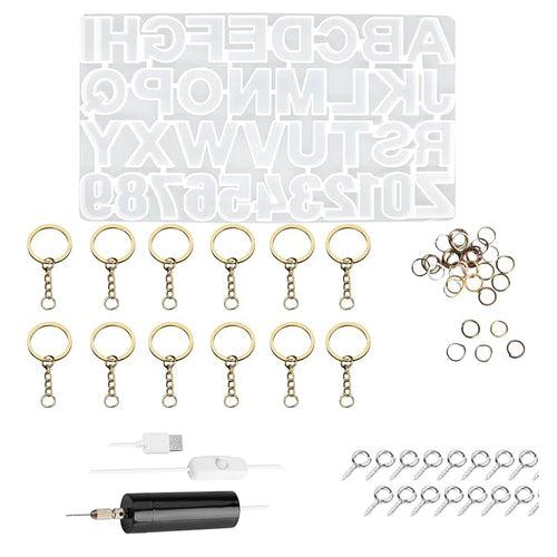 Snoogg Silicone Alphabet Resin Molds for Resin Casting, DIY Craft, Letter Jewelry Making with Hand Drill Machine and 12 Pc of Gold Key Chain Ring, Jumper and Hooks