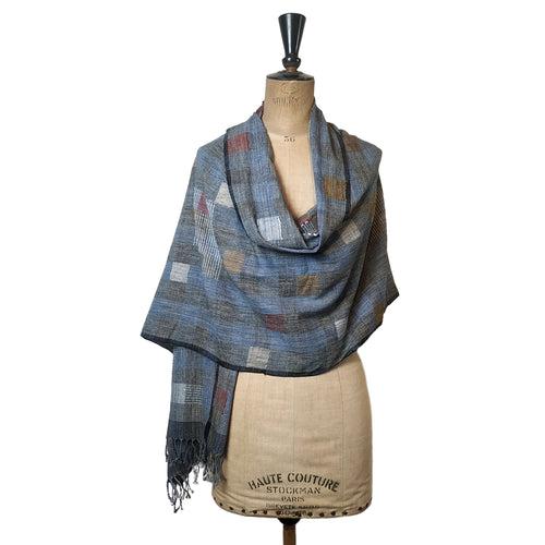 Modernist Indigo Handwoven Jamdani Stole: Grey and Blue