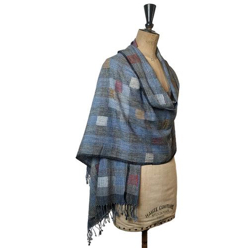 Modernist Indigo Handwoven Jamdani Stole: Grey and Blue