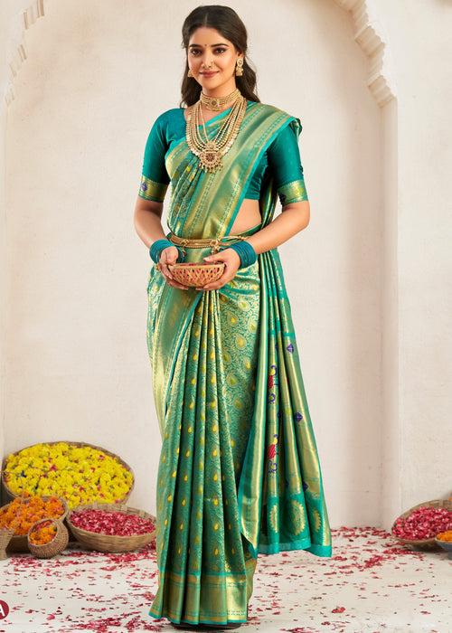 Pure Zari Woven Turquiose Blue Meenakari Paithani Saree