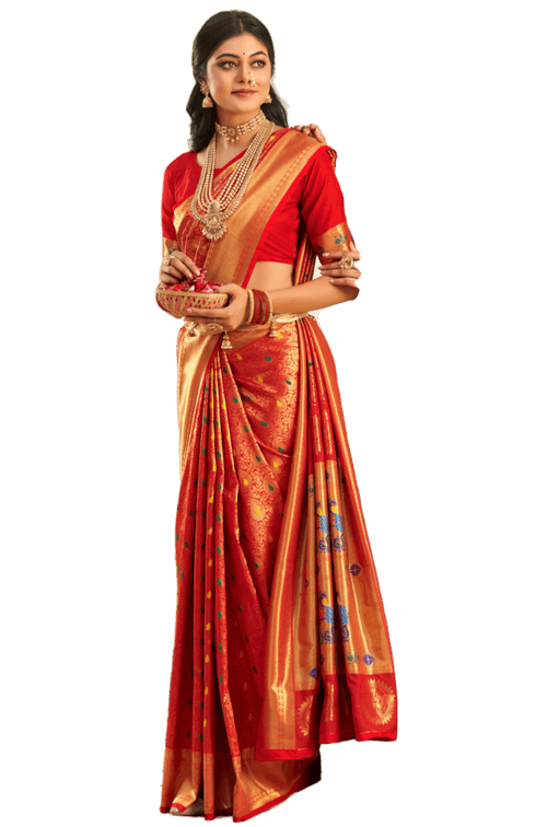 Pure Zari Woven Red Meenakari Paithani Saree