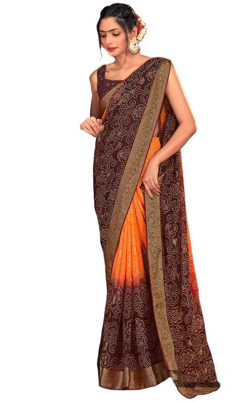 Dual Shades Bandhani Printed Maroon Orange Weightless Georgette Saree With Embroidery Lace