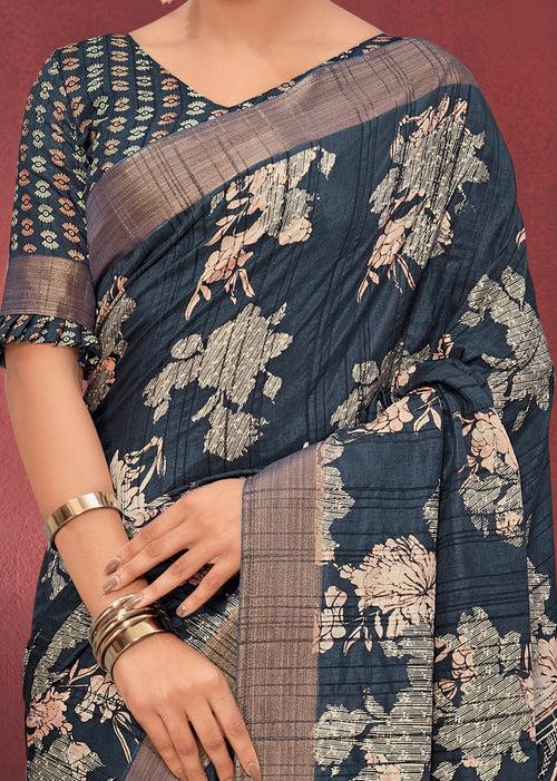 Pure Handloom Weave Block Prints Brown Gotha Silk Saree