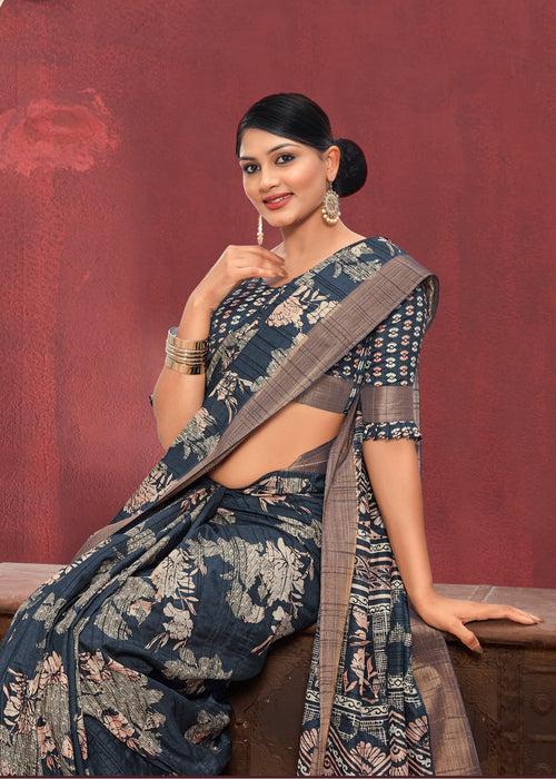 Pure Handloom Weave Block Prints Brown Gotha Silk Saree