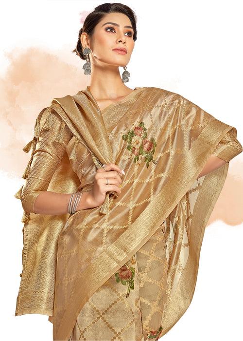 Digital Printed Gold Zari Woven Beige Art Silk Sarees