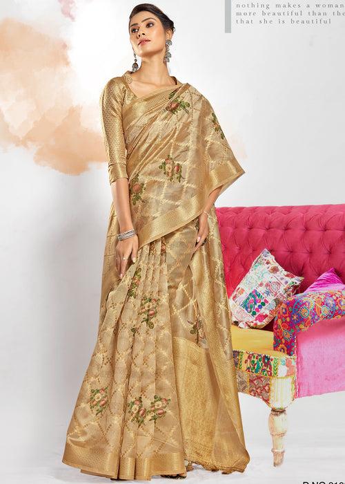 Digital Printed Gold Zari Woven Beige Art Silk Sarees