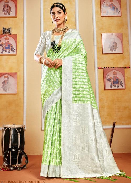 Lucknowi Chikankari Woven Pure Cotton Light Green Saree