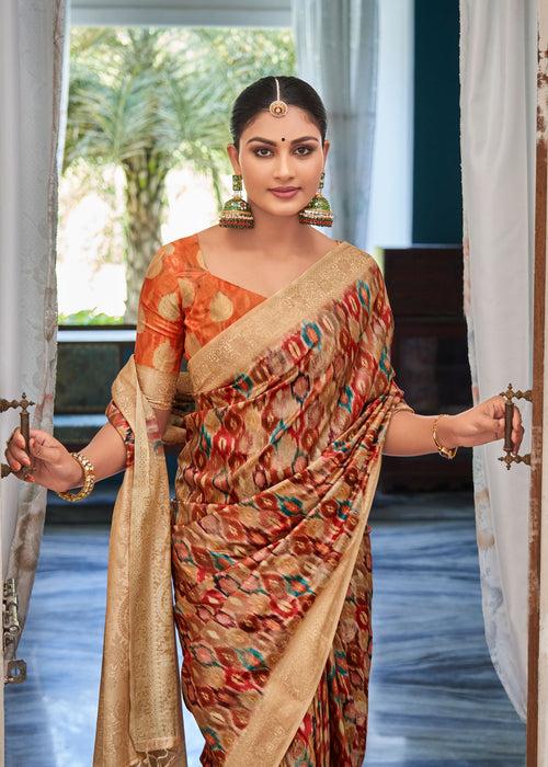 Digital Bagru Printed Brown Cotton Silk Saree