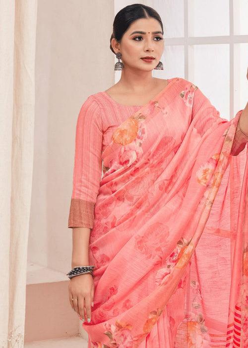 Beautiful Color Prints Pink Peach Linen Dailywear Saree