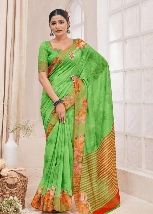 Beautiful Color Prints Bright Green Linen Dailywear Saree