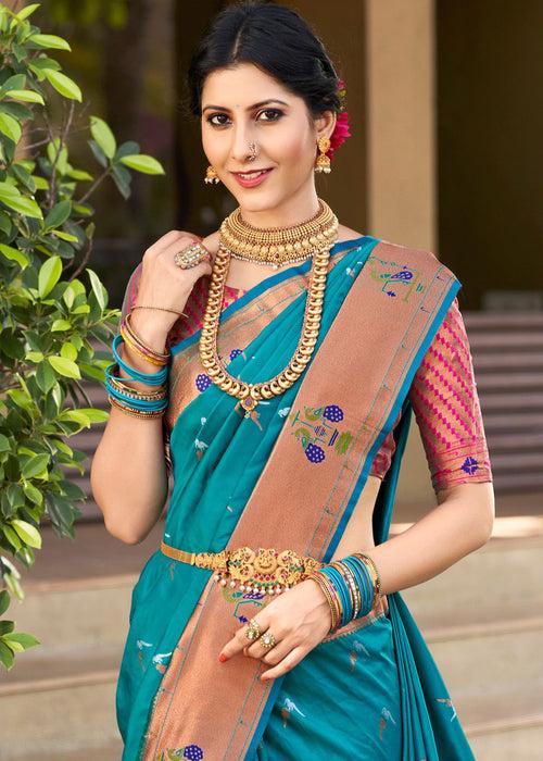 Rich Zari Woven Metalic Blue Paithani Art Silk Saree