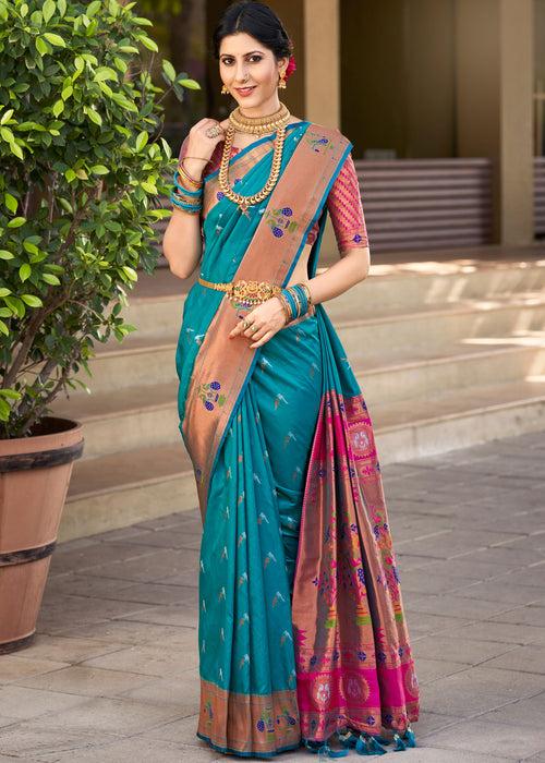 Rich Zari Woven Metalic Blue Paithani Art Silk Saree