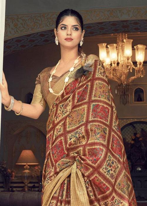 Digital Geometric Prints Zari Work Brown Khadi Linen Saree