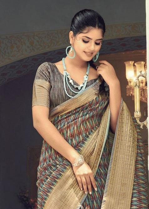 Digital Geometric Prints Zari Work Grey Khadi Linen Saree