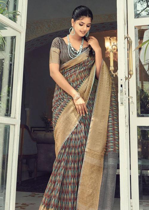 Digital Geometric Prints Zari Work Grey Khadi Linen Saree