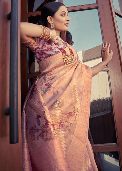 Digital Floral Printed Peach Organza Silk Saree