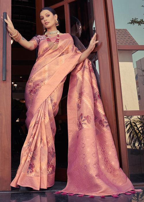 Digital Floral Printed Peach Organza Silk Saree