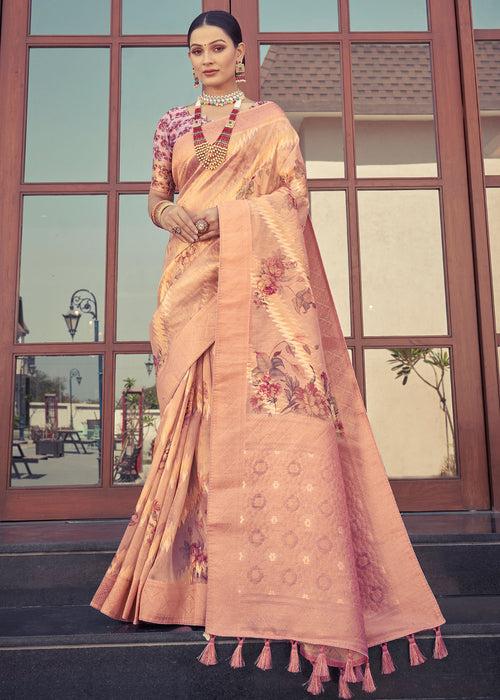 Digital Floral Printed Peach Organza Silk Saree