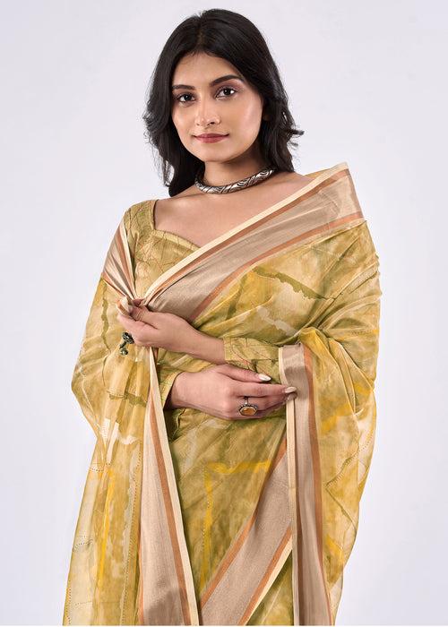 Pure Organza Copper Gold Zari Border Mustard Yellow Saree With Embroidery Sequins Blouse