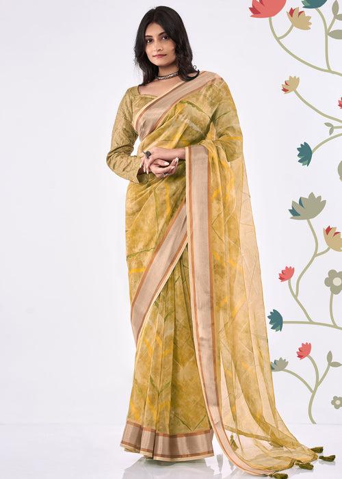 Pure Organza Copper Gold Zari Border Mustard Yellow Saree With Embroidery Sequins Blouse