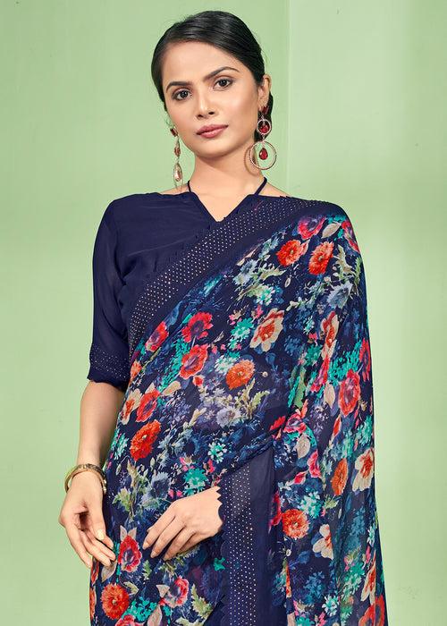 Sworski Cut Work Digital Printed Dark Blue Weightless Georgette Saree