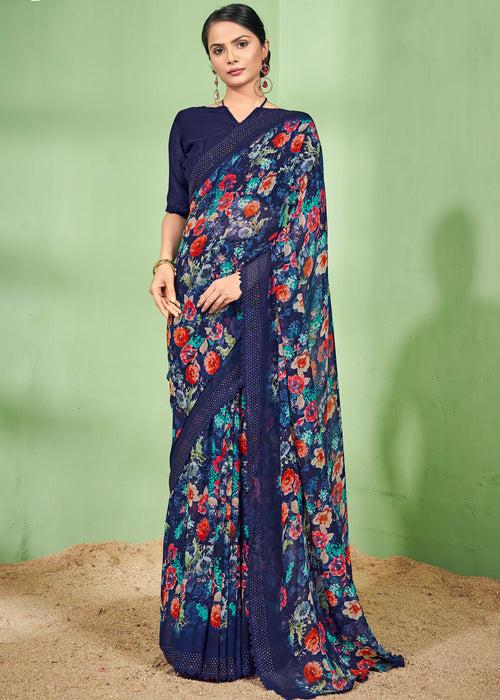 Sworski Cut Work Digital Printed Dark Blue Weightless Georgette Saree