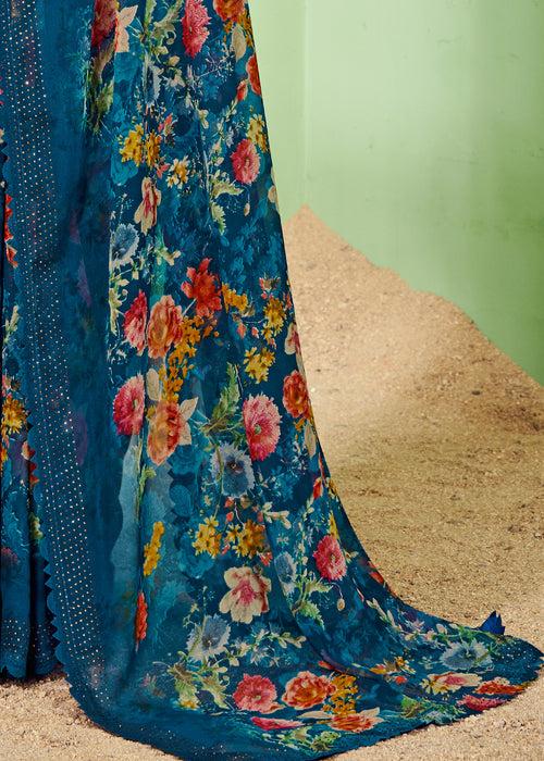 Sworski Cut Work Digital Printed Ujala Blue Weightless Georgette Saree