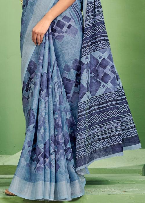 Abstract Geometric Prints Silver Blue Soft Linen Ctoon Saree