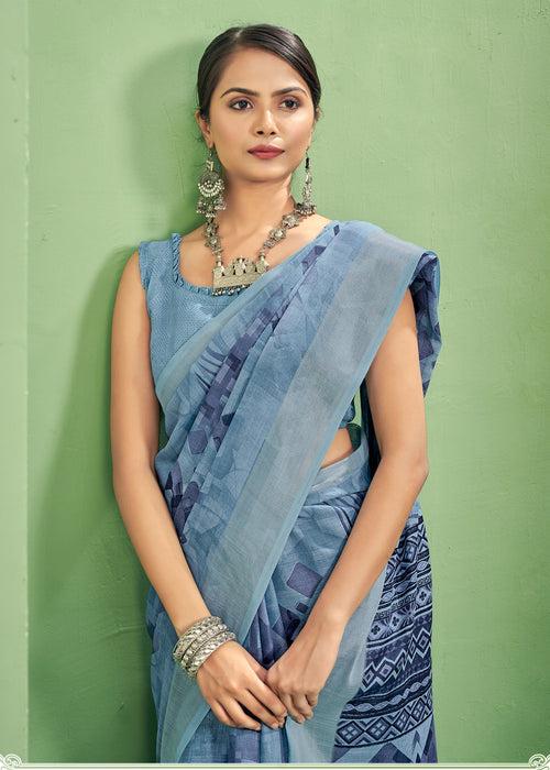 Abstract Geometric Prints Silver Blue Soft Linen Ctoon Saree