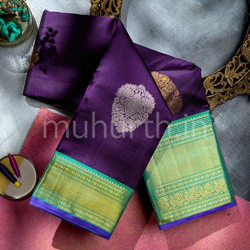 Kanjivaram Violet Silk Saree with Ananda Blue